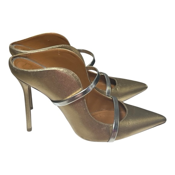 Malone Souliers Maureen 100 Gold Silver Leather Mules Stilettos Size 40 / US 10 - Picture 1 of 12